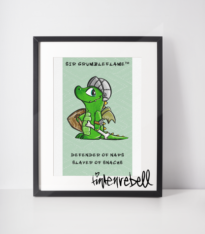“Collectible storycard featuring hand-drawn Sir Grimbleflame crocodile and a witty mini-story – printed on sturdy cardstock, made to love and hoard.”