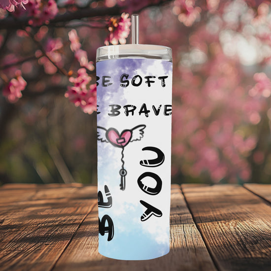 “Handmade 20oz skinny tumbler with hand-drawn Heart Fox Be You– colorful, durable and double-walled for hot & cold drinks.”