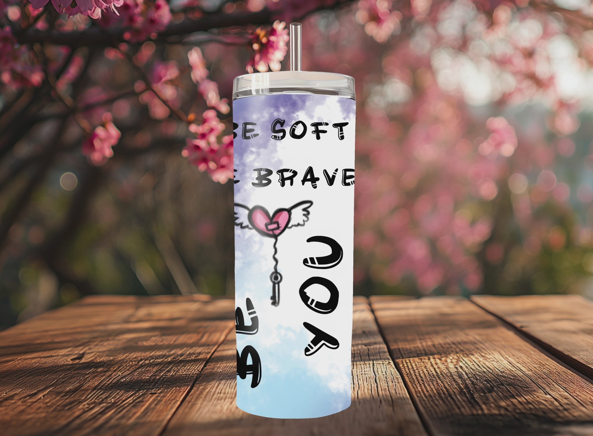 “Handmade 20oz skinny tumbler with hand-drawn Heart Fox Be You– colorful, durable and double-walled for hot & cold drinks.”
