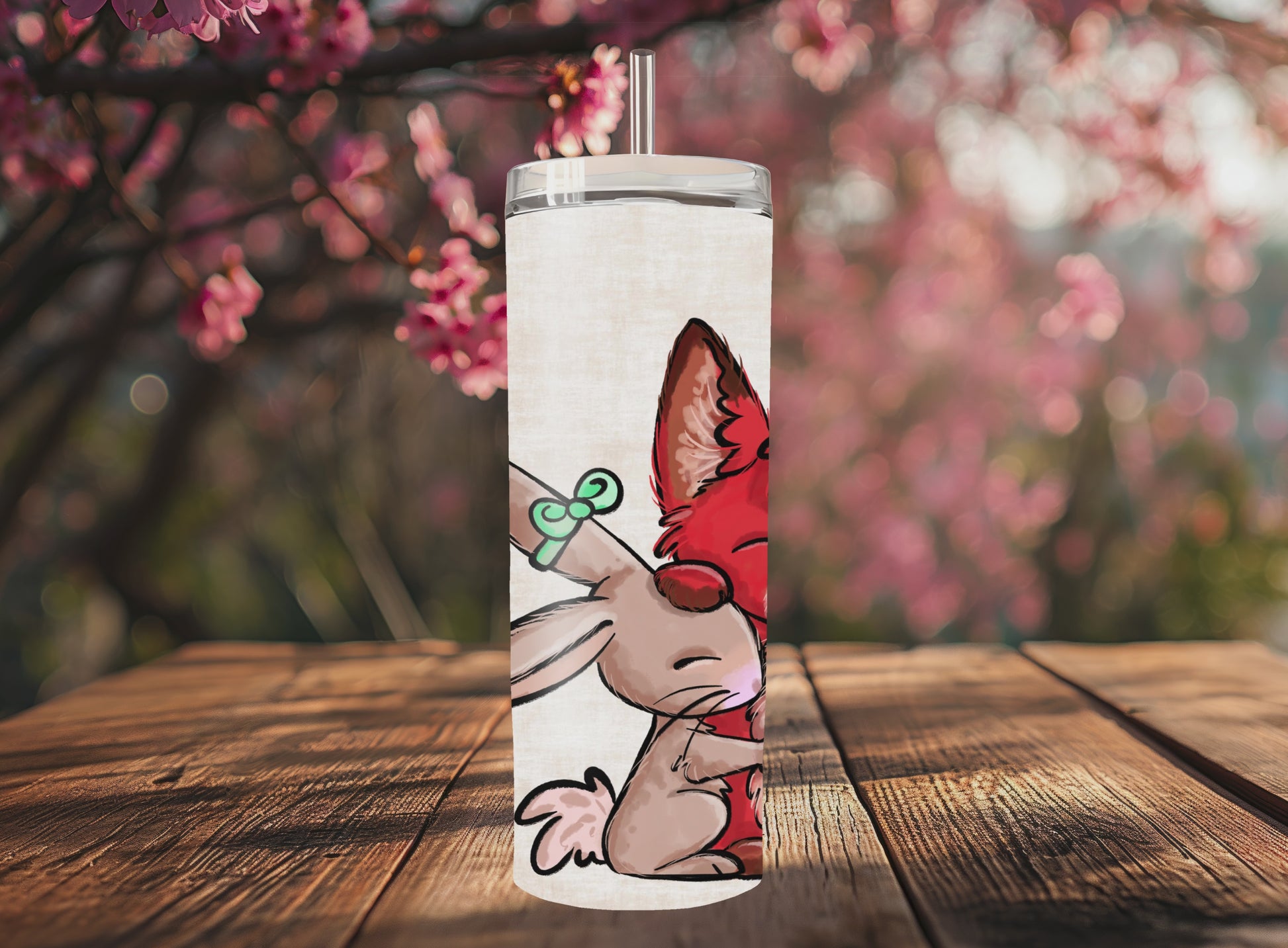 “Handmade 20oz skinny tumbler with hand-drawn choosing each other fox bunny – colorful, durable and double-walled for hot & cold drinks.”