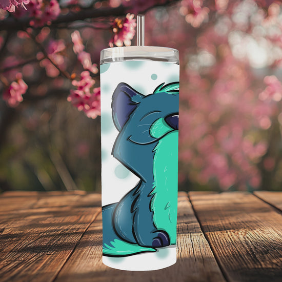 “Handmade 20oz skinny tumbler with hand-drawn Zen Fox – colorful, durable and double-walled for hot & cold drinks.”