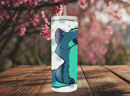 “Handmade 20oz skinny tumbler with hand-drawn Zen Fox – colorful, durable and double-walled for hot & cold drinks.”
