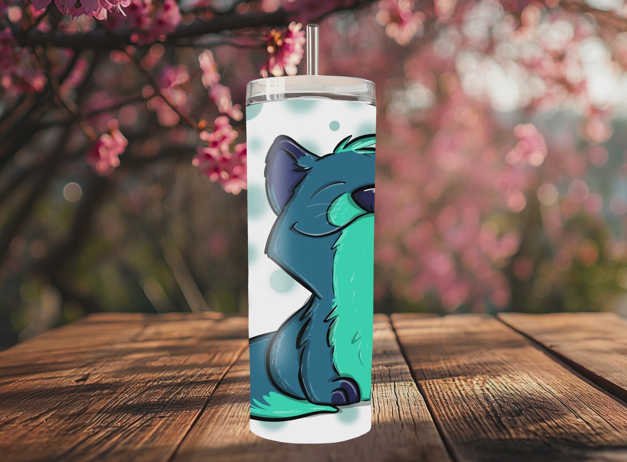 “Handmade 20oz skinny tumbler with hand-drawn Zen Fox – colorful, durable and double-walled for hot & cold drinks.”