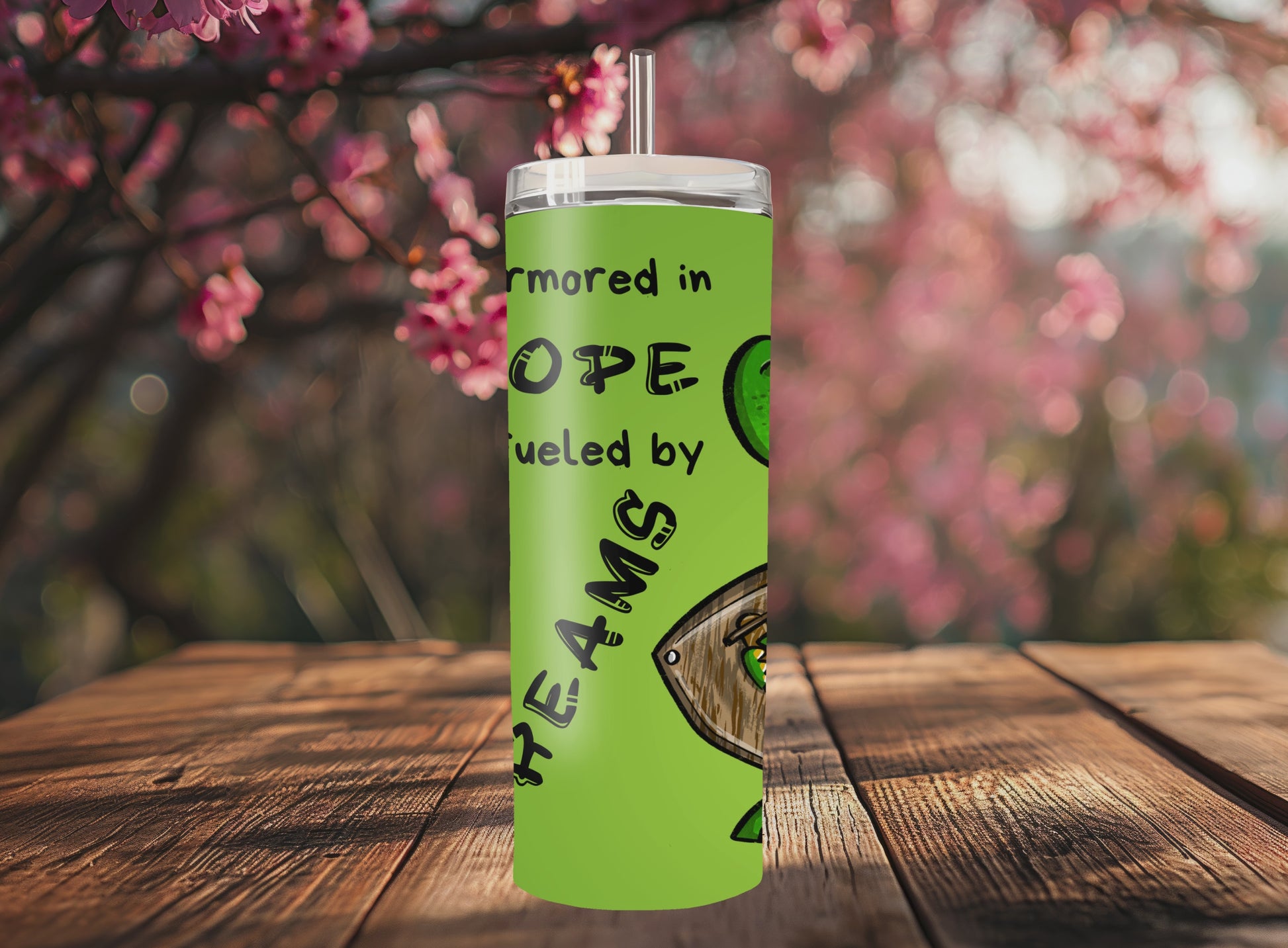 “Handmade 20oz skinny tumbler with hand-drawn Sir Grimbleflame crocodile – colorful, durable and double-walled for hot & cold drinks.”