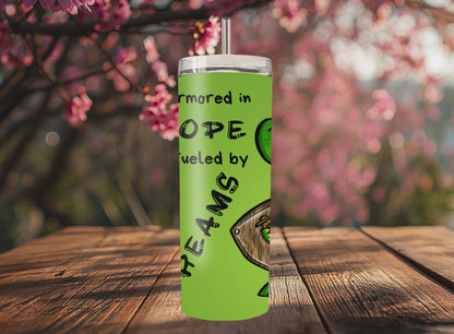 “Handmade 20oz skinny tumbler with hand-drawn Sir Grimbleflame crocodile – colorful, durable and double-walled for hot & cold drinks.”
