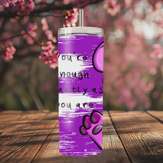 “Handmade 20oz skinny tumbler with hand-drawn You´re enough pink bear – colorful, durable and double-walled for hot & cold drinks.”