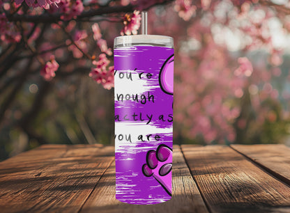 “Handmade 20oz skinny tumbler with hand-drawn You´re enough pink bear – colorful, durable and double-walled for hot & cold drinks.”