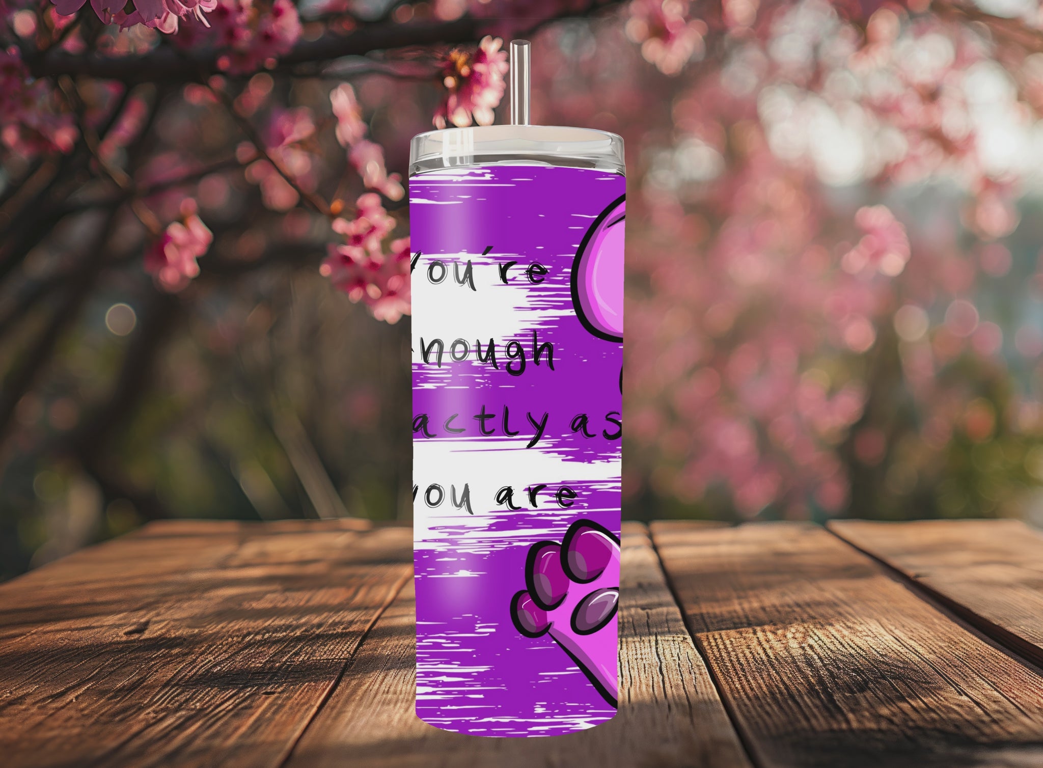 “Handmade 20oz skinny tumbler with hand-drawn You´re enough pink bear – colorful, durable and double-walled for hot & cold drinks.”